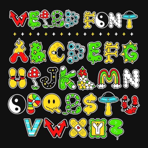 Trippy Alphabet Letters, Trippy Word Art, Trippy Words, Trippy Lettering, Trippy Patterns To Draw, Trippy Typography, Weird Fonts, Trippy Letters, Hippy Font