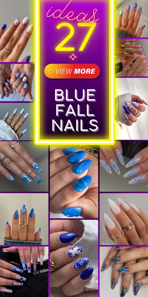 When it comes to blue fall nails, there's an abundance of options that will leave you mesmerized. Whether you prefer dark and moody hues or light and airy tones, the versatility of blue is undeniable. From navy to royal, the color spectrum offers endless possibilities. Let's dive into some stunning blue nail designs perfect for fall. Elegant Blue French Tips These blue fall nails showcase a modern twist on the classic French tip. The nails are almond-shaped, with a neutral base color and strikin Blue French Gel Nails, Fall Nails Gray, 2024 Purple, Blue Fall Nails, Nail Art Dotting Tool, Periwinkle Nails, Nail Coat, Grey Nail Designs, Blue French Tips