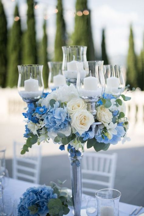 Wedding Tablesetting, Blue Wedding Centerpieces, Baby Blue Weddings, Blue Wedding Decorations, Blue Centerpieces, The Wedding Planner, Light Blue Wedding, Blue Hydrangeas, Budget Friendly Wedding