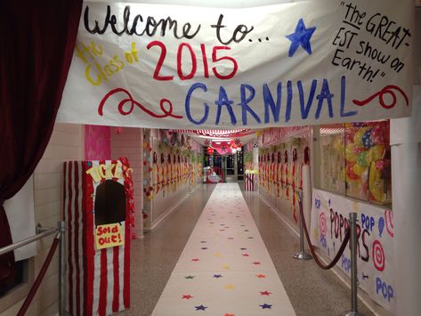 Homecoming week hallway decorations. Carnival circus theme Carnival Theme School Hallway, Circus Hallway Decorations, Carnival Theme Homecoming, Carnival Homecoming Theme, Carnival Hoco Theme, Highschool Hallway Decorations, Carnival Hallway Decorations, Circus Theme School Hallway, Hoco Hallway Decorations