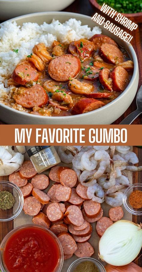 Two images. Top image is a close-up view of a bowl filled with white rice and sausage shrimp gumbo; bottom image is an overhead image showcasing the ingredients of the gumbo including sausage, shrimp, seasonings, and an onion. Gumbo Recipe Easy, Shrimp And Sausage Gumbo, Seafood Gumbo Recipe, Gumbo Recipe Sausage, Sausage Shrimp, Shrimp And Sausage, Simple Family Meals, Sausage Gumbo, Gumbo Recipe