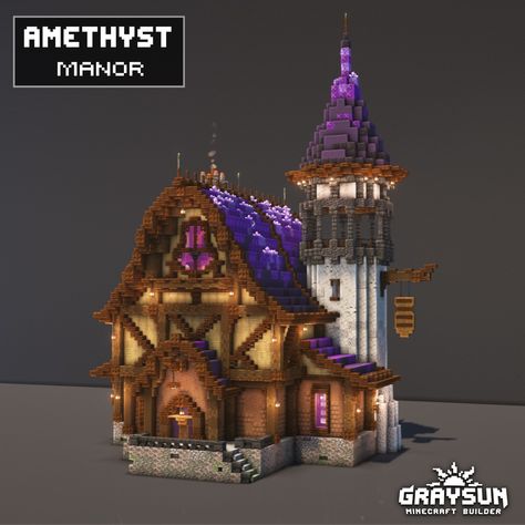 A minecraft fantasy survival house with full interior.
Obtain this minecraft Amethyst Manor design through my patreon page! Minecraft Fantastic House, Modded Mc House, Cool Minecraft Houses Mansions, Magic Minecraft Houses, Amethyst Manor Minecraft, Cute Minecraft Fantasy House, Minecraft House Ideas Castle, Minecraft Fantasy Wall Designs, Manor Minecraft House