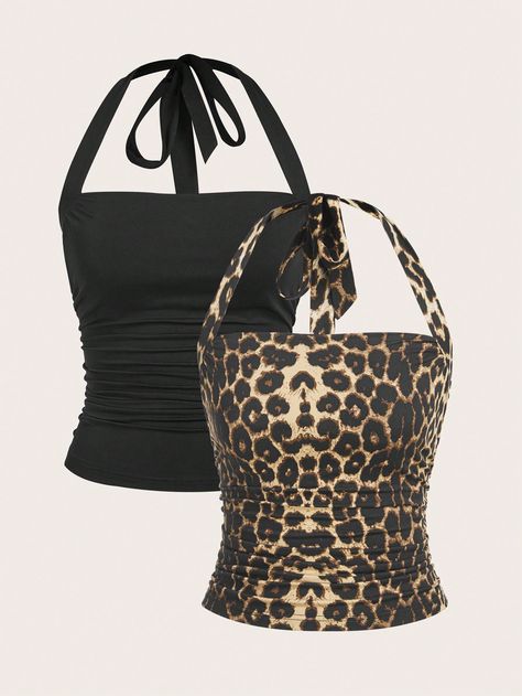 2 Pcs Women's Leopard Print Black Knitted Halter Vest Black Casual    Leopard Print,Textured Pattern Halter Medium Stretch  Women Clothing, size features are:Bust: ,Length: ,Sleeve Length: Leopard Print Clothes, Animal Print Clothes, Cheetah Clothes, Halter Vest, Outfit Inspo Casual, Cute Preppy Outfits, Leopard Print Top, Girl Fits, Casual Tank Tops