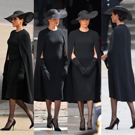 Fanpage for Meghan and Harry on Instagram: "Symbolism 🖤: Today Meghan honored the Queen in multiple ways as she said her final goodbye to Her Majesty Dress: Meghan donned a @stellamccartney Black Capelet Shift Dress. This dress is the same dress Meghan wore to The Queen’s Birthday Concert 2018 but in Black instead of Navy. Hat: Meghan wore a Bespoke Stephan Jones x @dior hat. This is the same hat she wore in white to the Queen’s Service of Thanksgiving during Her Majesty’s Platinum Jubilee. Black Dress And Hat Outfit, Black Capelet, Stylish Black Dress, Cape Dresses, Dior Hat, Prince Harry And Megan, Navy Hat, Meghan Markle Style, Meghan And Harry