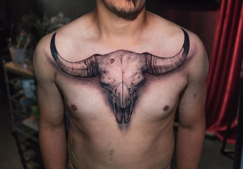 Bull Skull Skull Tattoo Chest, Skull Chest Tattoo, Cow Skull Tattoos, Deer Skull Tattoos, Medium Size Tattoos, Bull Skull Tattoos, Tattoo Chest, Bull Tattoos, Taurus Tattoos