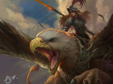 Gryphon Rider, Drawing Method, Greek Monsters, Women Warriors, Dragon Rider, Fantasy Pictures, Mythical Creatures Art, Fantasy Art Landscapes, Mystical Creatures