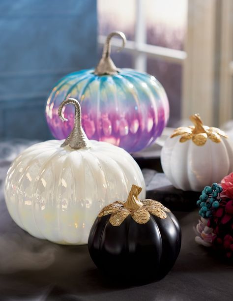 Iridescent Pumpkins With Lights Iridescent Halloween, Interior Led Lights, Adornos Halloween, Pumpkin Halloween Decorations, Velvet Pumpkins, Pumpkin Lights, Grandin Road, Glass Pumpkins, Halloween 2019