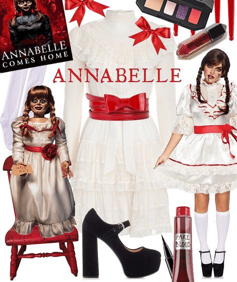 Jigsaw And Annabelle Costume, Annabelle Halloween Costume Women, Annabelle Doll Halloween Costume, Annabell Halloween Costumes, Anabelle Doll Costume, Anabelle Doll Makeup, Diy Annabelle Costume Women, Anabelle Halloween Costumes, Annabelle Halloween Makeup