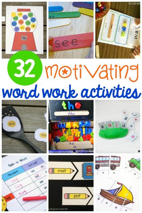 Clever word work centers make it fun for kids to practice everything from rhyming to word building, sight words, word families, spelling and more. These motivating word work centers are so entertaining that kids won’t even realize they are learning. #wordwork #wordworkactivities #wordworkstations Word Work Games, Word Work Kindergarten, Work Bins, Word Work Stations, Playdough To Plato, Literacy Centers Kindergarten, Word Work Centers, Teaching Sight Words, Word Work Activities