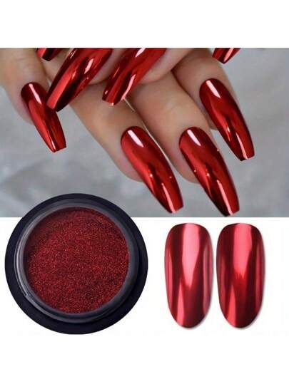 Natural Fake Nails, Red Chrome Nails, Chrome Nail Powder, Chrome Nails Designs, Glitter Gel Polish, Mirror Nails, Chrome Nail, Eyeshadow Stick, Nail Powder