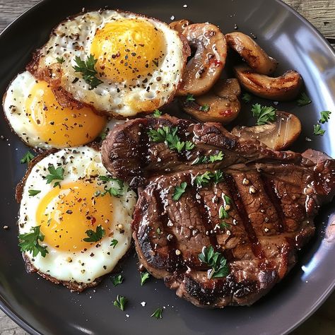 Victoria Hudson | Classic Steak and Eggs with Sautéed Mushrooms Recipe (Serves 4) Ingredients For the Steak: 4 ribeye steaks (about 8 oz each) Salt and… | Instagram Sautéed Mushrooms, Button Mushrooms, Healthy Food Dishes, Steak And Eggs, Yummy Comfort Food, Fresh Parsley, Food Obsession, Interesting Food Recipes, Pretty Food