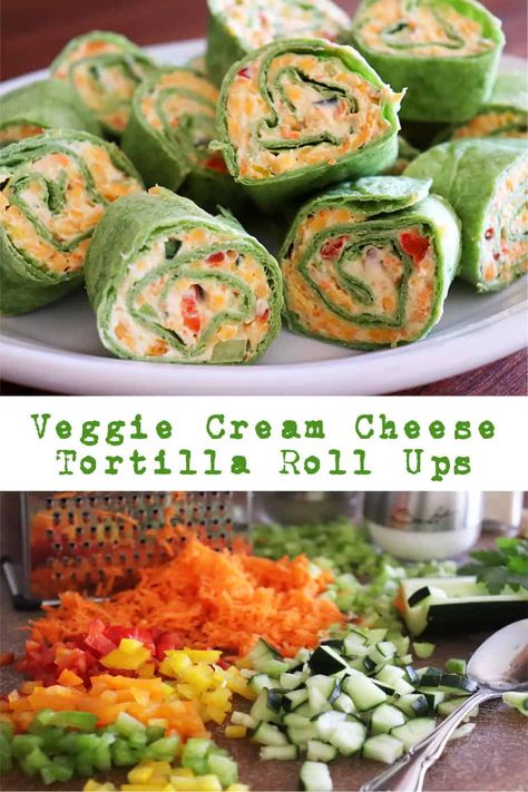 Veggie Cream Cheese Tortilla Roll Ups - AimeeStock.com Cream Cheese Tortilla Roll Ups, Cream Cheese Tortilla, Veggie Cream Cheese, Veggie Roll Ups, Cream Cheese Roll Up, Tortilla Rolls, Cream Cheese Rolls, Roll Ups Tortilla, Pinwheel Recipes