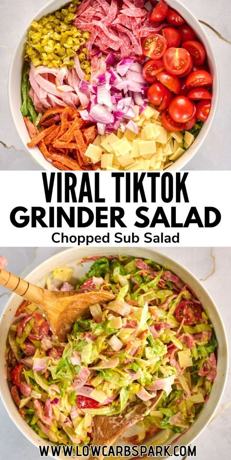 Try our Italian Grinder Salad inspired by the viral TikTok grinder sandwich—it turns the bold flavors of an Italian sub into a tasty low-carb salad. Packed with crunchy lettuce, savory deli meats, provolone, and a creamy, tangy dressing, it's a fresh and colorful side dish that's irresistibly delicious. Chopped Italian Grinder Salad, Easy Grinder Salad, Sub Salad Bowl, Grinder Bean Salad Recipe, Grinder Salad Recipe, Chopped Sub Salad, Keto Grinder Salad, Sub In A Tub Salad Healthy, Keto Italian Salad