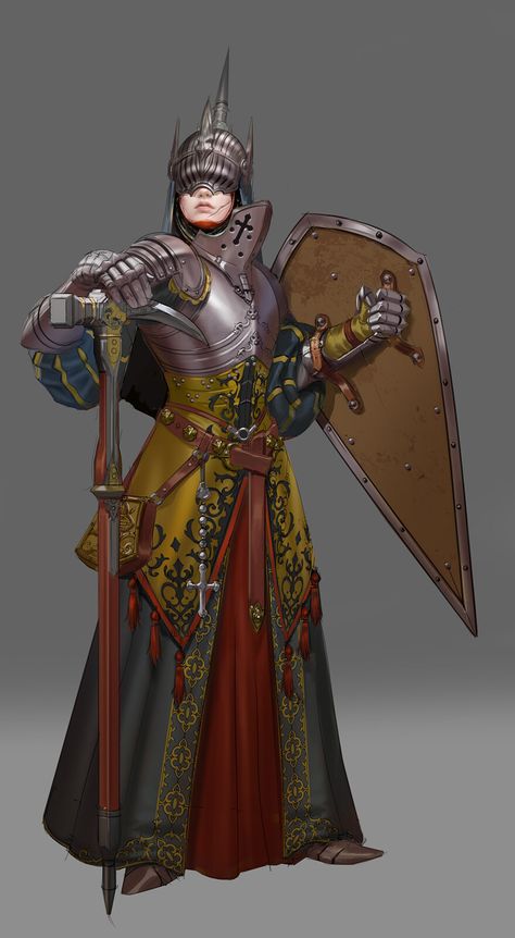 Paladin, Carlo Arellano on ArtStation at https://www.artstation.com/artwork/Pm8JbB Masked Cleric, Life Cleric Dnd, Oath Of Glory Paladin, Dnd Warrior, Cleric Character Design, Forge Cleric, Spanish Knight, Women In Armor, Knight Lady