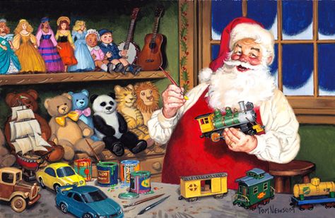 Tom Newsom (b.1944) —  Santas Workshop,  2011  (960×626) Workshop Drawing, Christmas Workshop, Toy Workshop, Santa Toys, Santa Art, Creation Photo, Santa's Workshop, Christmas Gift Tags Printable, Shop Illustration