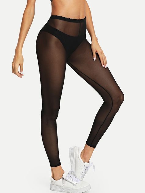 Net Yarn Solid Leggings -SheIn(Sheinside) Net Leggings Outfit, Mesh Gym Leggings, Mesh Workout Leggings, Net Leggings, Justice Leggings, Arabian Clothing, Gothic Leggings, High Waist Sports Leggings, How To Wear Leggings