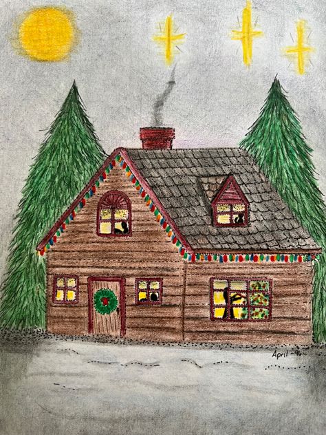 Christmas Card Colored Pencil 2002 Christmas Cards Colored Pencil, Christmas Colored Pencil Drawings, Christmas Drawings, Christmas Artwork, Pencil Crayon, Christmas Drawing, Christmas Scene, Color Pencil Art, Color Pencil Drawing