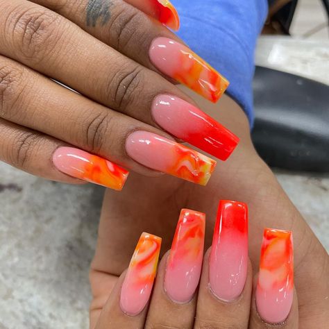 Ombre Marble Acrylic Nails, Orange Marble Nails, Short Nails Almond, Flashy Nails, Nails Artwork, Short Nails Summer, Marble Acrylic Nails, Trending In 2023, Orange Marble