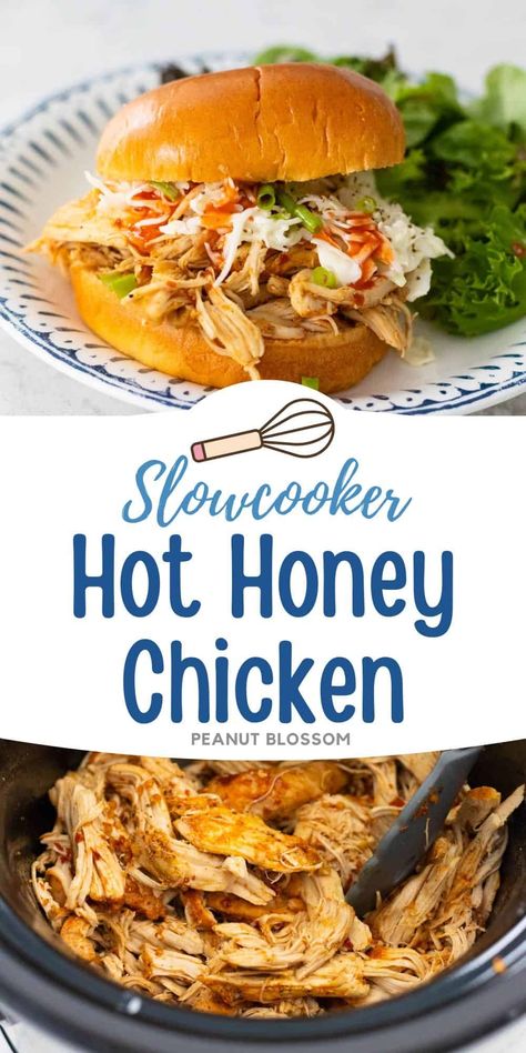 Slowcooker Hot Honey Chicken Crock Pot Potluck Ideas, Chicken For Sandwiches, Crispy Pickles, Honey Chicken Crockpot, Spicy Shredded Chicken, Guy Food, Shredded Chicken Recipe, Meal Train, Hot Honey Chicken