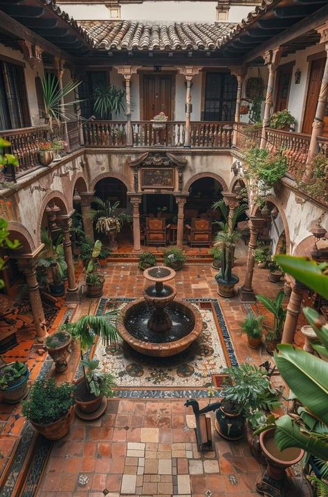 Latin House Aesthetic, House With Central Courtyard, Hacienda Style Homes Mexican Courtyard, Bloxburg Hacienda, Open Courtyard House, Acienda Designer, Spanish Architecture Hacienda Style, Hacienda Aesthetic, Spanish Courtyard House