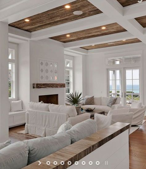 White beams with wood ceiling. Opposite from what you usually see. Love it!! High Ceiling Living Room, White Beams, Coastal Living Rooms, Beach House Interior, Beach House Design, Ceiling Ideas, Wood Ceilings, Coffered Ceiling, House Interiors