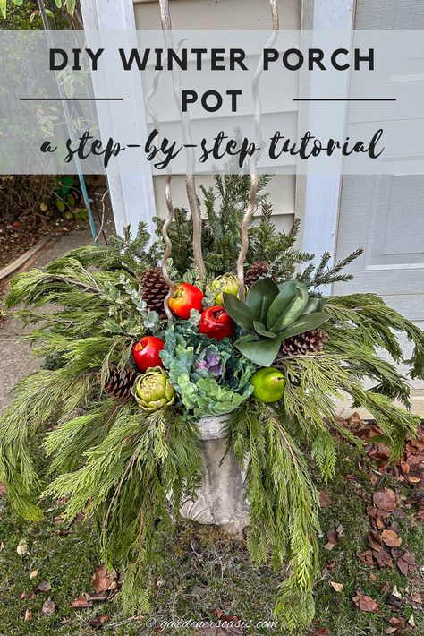 How To Make A Winter Porch Pot With Evergreens And Artificial Fruit | Christmas Ideas Evergreen Arrangements Outdoor, Winter Porch Pots Diy, Diy Outdoor Planters Pots, Winter Porch Pots, Evergreen Planters, Porch Planter Ideas, Winter Window Boxes, Winter Container Gardening, Planter Arrangements