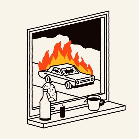 Everyone needs a hobby ☕ Tweaked thing from a while back #burning #car #coffee #illustration Burning Cop Car Tattoo, Burning House Tattoo, Burning House Illustration, Burning Car, People In Car Illustration, Car On Fire Illustration, Inside Car Illustration, Burning House, Window Drawing