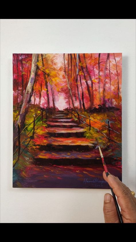 Beautiful "Stairway in Woods" landscape painting 🍁🍂🌳🌿⛅/Acrylic on paper 🖌️ #easy #beautiful #landscape #painting #acrylicpainting #acrylic #art #paper #autumn #forest #stairs #road #cloudy #peaceful #chill | Hamlet Shougrakpam Art | Hamlet Shougrakpam Art · Original audio Staircase Painting Canvas, Autumn Landscape Painting Easy, Hamlet Shougrakpam Art, Forest Stairs, Stairs In The Forest, Woods Landscape, Paint Landscape, Painted Staircases, Wooded Landscaping