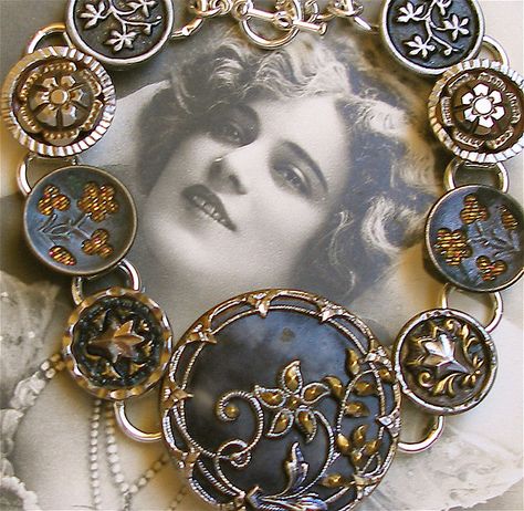 Vintage Button Bracelets | Antique Victorian buttons bracelet | Flickr - Photo Sharing! Button Creations, Button Bracelet, Silver Plated Bracelet, Antique Buttons, A Bracelet, Button Jewelry, Button Crafts, Glass Buttons, Vintage Button