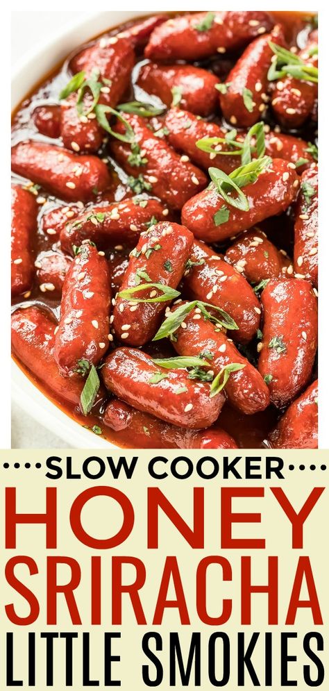 These Slow Cooker Honey Sriracha Little Smokies are crazy addictive and ridiculously easy to make thanks to the crockpot!  Full of sweet and spicy flavor, these mini cocktail sausages are perfect for game days, potlucks and parties! #crockpot #appetizer #snack #easy #recipe Spicy Lil Smokies Recipes, Cocktail Sausage Recipes, Little Smokies Recipes, Smokies Recipe, Little Smokies, Sausage Crockpot, Sauce Cocktail, Snack Easy, Cocktail Sausages