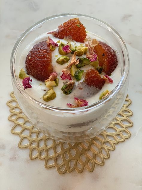 Easy fusion dessert idea with only 3 main ingredients. Diwali Desserts, Fusion Foods, Rose Syrup, Gulab Jamun, Fried Dough, Cardamom Powder, Fusion Food, Indian Sweets, Dough Balls