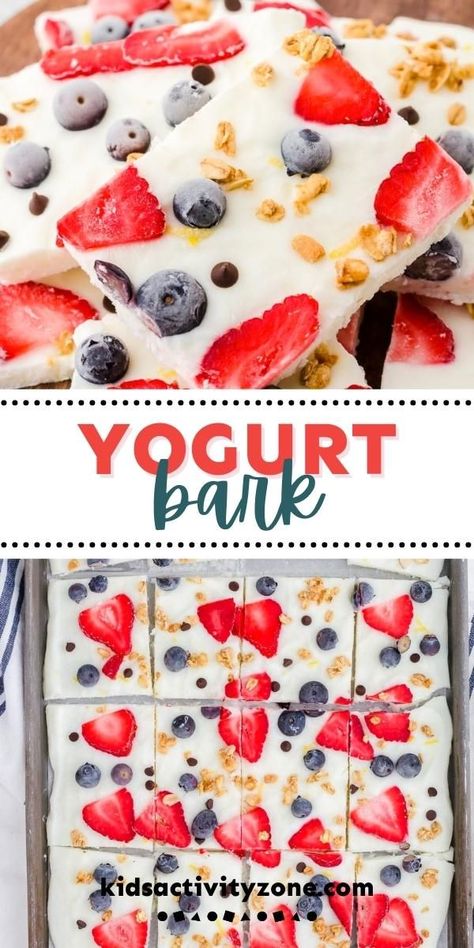 Easy yogurt bark is the perfect healthy and easy kids snack! Sweetened Greek yogurt is dotted with colorful fresh fruit, granola, and mini chocolate chips and frozen for the perfect grab and go cool treat! Strawberry Yogurt Bark, Easy Frozen Yogurt, Yogurt Bark Recipe, Fruit Granola, Healthy Summer Snacks, Frozen Yogurt Bark, Berry Yogurt, Yogurt Bark, Bark Recipe