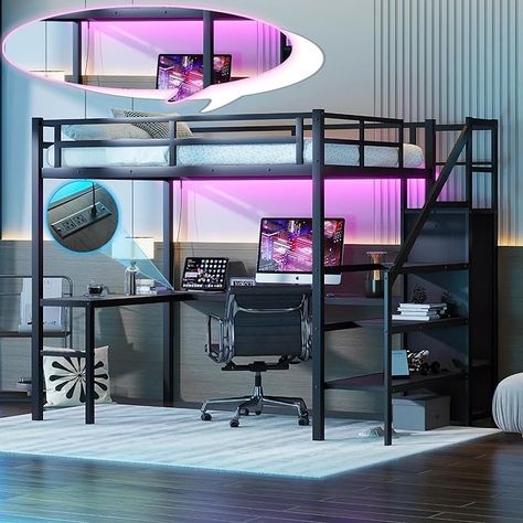 Amazon.com: Linique Full Size Gaming Loft Bed with L-Shaped Desk, LED and Charging Station, Metal Loft Bed with Wardrobe and Adjustable Shelf for Kids Teens Adults, Black : Home & Kitchen Loft Bed With Wardrobe, High Loft Bed, Full Size Loft Bed, Bed With Wardrobe, Metal Loft Bed, Bed With Desk, L Shaped Desk, Adjustable Shelf, Loft Bed