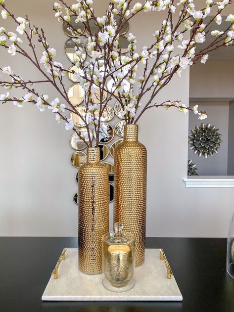 Inspire Me! Home Decor - Interior Design & Home Decor By Farah Merhi | White vase decor, Gold living room decor, Floor vase decor Gold Vase Decor, White Vase Decor, Tall Vase Decor, Floor Vase Decor, Gold Living Room Decor, Glam House, Gold Living Room, Events Decor, Amazon Decor