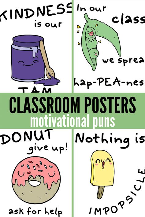 Decorate your classroom with these cute and punny posters!  Use humor to remind students to do their best, ask for help and always be kind. English Puns, Posters For Classroom, Teacher Printables, Printable Classroom Posters, Testing Motivation, Classroom Wall Art, Food Pun, 5th Grade Classroom, Teachers Aide