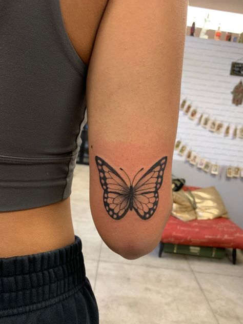 Behind Arm Butterfly Tattoo, Butterfly On Back Of Arm Tattoo, Above Elbow Butterfly Tattoo, Women’s Butterfly Tattoo, October Butterfly Tattoo, Back Of The Arm Butterfly Tattoo, Butterfly Tattoo Behind Elbow, Butterfly Back Of Arm Tattoo, Butterfly Tattoo Above Elbow