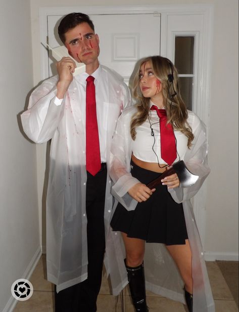 American Pyscho Couples Costume, Diy Costume For Men Halloween, Halloween 2024 Couple Costumes, Couple Halloween Costumes From Horror Movies, American Physco Couple Costume, Patrick Batman Costume, Patric Batman Costume, American Pshyco Couple Costume, Patrick Bateman Costume Guy