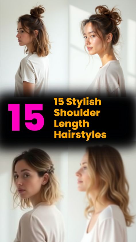 15 Stylish Shoulder Length Hairstyles Shoulder Length Hairstyles For Thick Hair, Shoulder Length Hairstyle Ideas, Easy Shoulder Length Hairstyles, Shoulder Length Hair Styles, Shoulder Length Hairstyles, Grey Bob Hairstyles, Messy Top Knots, Easy Updo Hairstyles, Oh Honey