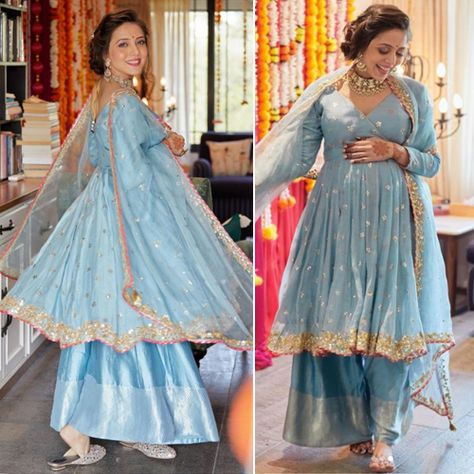 Suit Design For Pregnant Women, Maternity Outfits Indian Traditional, Indian Wear For Pregnant Women, Pregnancy Wedding Dress Indian, Wedding Outfits For Pregnant Women, Indian Dress For Pregnant Women, Indian Outfits For Pregnant Women, Pregnant Outfits Indian, Anarkali For Pregnant Women