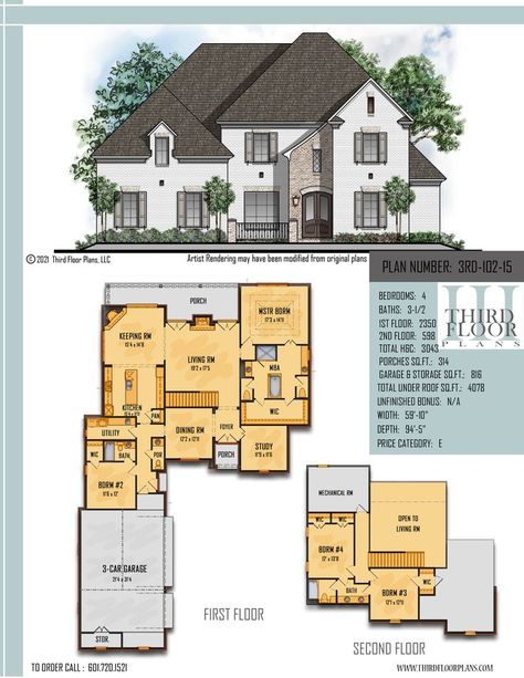 This attractive 2 story home plan has 4 bdrms 3-1/2 baths large living Room w/ 2nd floor ceilings, a fireplace & lots of rear. The chef’s kitchen w/ walk in pantry, large island & a keeping room with fireplace. There is a powder room right off the kitchen.The master has nice rear views. The 3rd & 4th bdrms are on the 2nd floor & have a J&J bath. Plus a large 3 car garage all for under 3100 Sq Ft H&C House Plans With Tower Room, Keeping Room With Fireplace, Acadian Cottage, Modern Suburban House, Master Suite Bedroom, Bedroom Porch, Open House Plans, Room With Fireplace, Suburban House