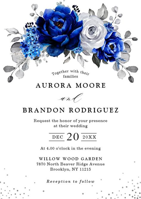 Royal Blue White Silver Metallic Floral Wedding In Invitation Royal Blue Wedding Invitations, Burnt Orange Wedding, Orange Wedding Invitations, Burnt Orange Weddings, Unique Monogram, Elegant Bouquet, Royal Blue Wedding, White Wedding Invitations, Wedding Favor Bags