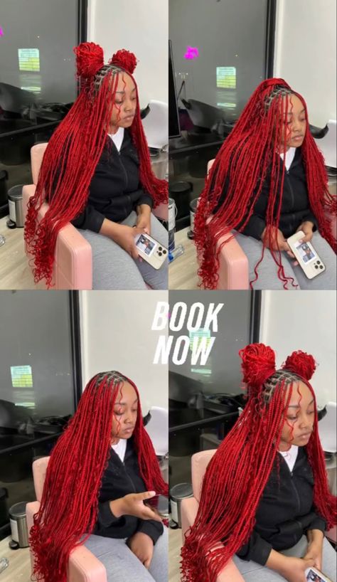 Nice Hair Braids Style, Braids With Orange Hair, Hair Color Braids Ideas, Copper Red Bohemian Braids, Red And Blonde Goddess Braids, Red Braids Black Roots, Red Hair Styles Braids, Color Combinations Braids, Red And Black Goddess Braids