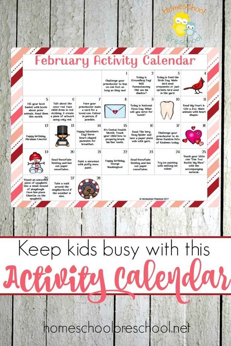 Keep tots and preschoolers entertained all February long with this free Activity Calendar for little ones! | http://homeschoolpreschool.net February Calendar For Preschool, February Weekly Themes For Preschool, Prek February Themes, February Lesson Plan Themes, February Storytime Themes, February Themes For Kindergarten, Monthly Activities Calendar, Fun February Activities For Kids, February Learning Activities For Preschool