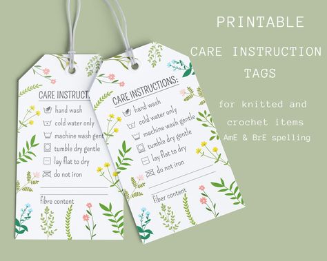 Printable Care Instruction Tags for Knitted and Crochet Items-washing Instructions Cards for Handmade Business-care Labels for Makers - Etsy Canada designteam #freepng. Care Instruction Cards Crochet, Label For Crochet Items, Crochet Washing Instructions Tags, Care Instructions For Crochet Items, Crochet Care Card, Crochet Tags And Labels, Crochet Business Cards, Gift Label Ideas, Business Worksheet