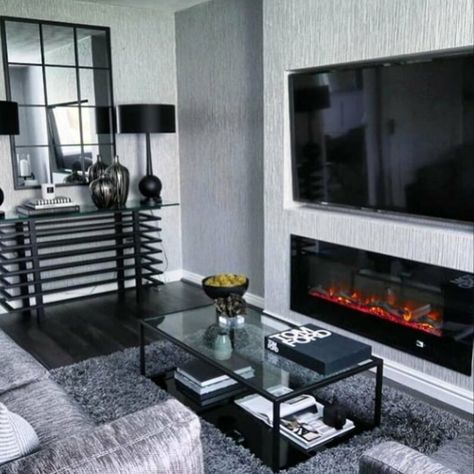 Symple Stuff Tello Recessed Wall Mounted Fire | Wayfair.co.uk Living Room Aesthetic Luxury, Remodeling Living Room, Rug Wallpaper, Makeover Living Room, Luxury Living Rooms, Modern Luxury Living Room, Living Room Decor On A Budget, Condo Living Room, Black And White Living Room