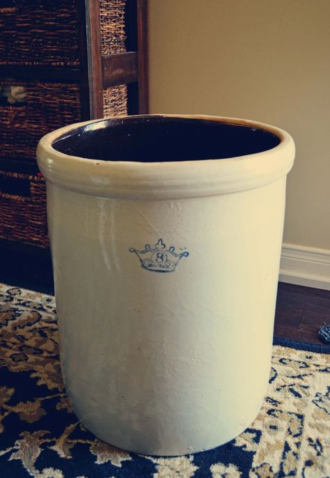 Ransbottom Pottery vintage 8 gallon crock. This is just like the crocks my mom made relish in. She also did something with her cabbage in it but can't remember the recipe. We still make the relish. My favorite. Primitive Crocks, Pickling Crock, Pottery Equipment, Hollywood House, Large Crock, Vintage Crocks, Old Crock, Vintage Stoneware Crocks, Butter Churns