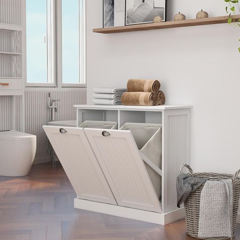 Double Tilt Out Trash Cabinet White Free Standing Laundry Sorter Cabinet with Removable Two-Compartment Tilt-Out Hamper Clothes Basket Laundry Hamper Diy, Tilt Out Trash Can Cabinet, Tilt Out Trash Can, Tilt Out Trash Cabinet, Tilt Out Hamper, Hamper Diy, Can Cabinet, Trash Cabinet, Trash Can Cabinet