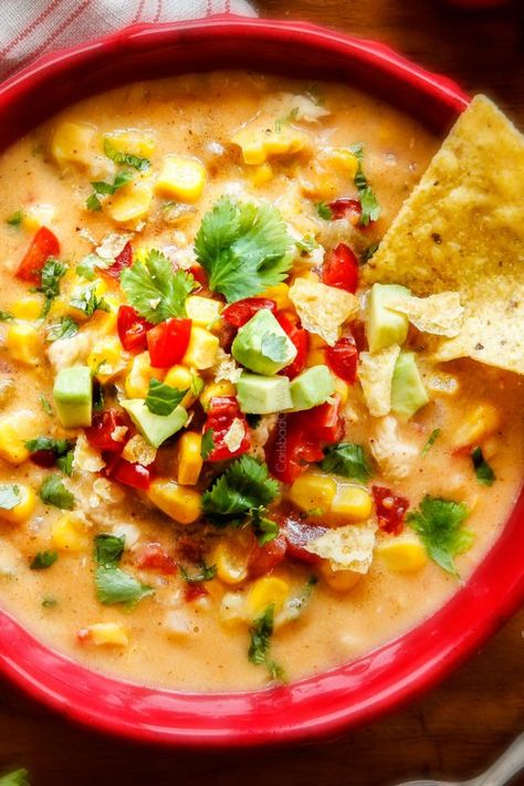 30 Minute LIGHTENED UP Mexican Chicken Corn Chowder is one of my family's favorite soups ever! Its cheesy, creamy (without any heavy cream!), comforting and the layers of flavors are out of this world! Mexican Chicken Corn Chowder, Chicken Corn Chowder Recipe, Corn Chowder Soup, Chicken Chowder, Chicken Corn Chowder, Corn Chicken, Chicken Corn, Corn Chowder Recipe, Carlsbad Cravings