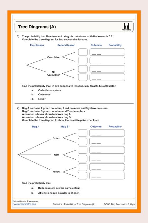 Probability Tree Diagrams: Year 10 Worksheet Probability Math, Probability Worksheets, Tree Diagram, Maths Worksheets, Diy Hair Accessories Ribbon, Fractions Decimals, Gcse Math, Make Learning Fun, Printable Math Worksheets