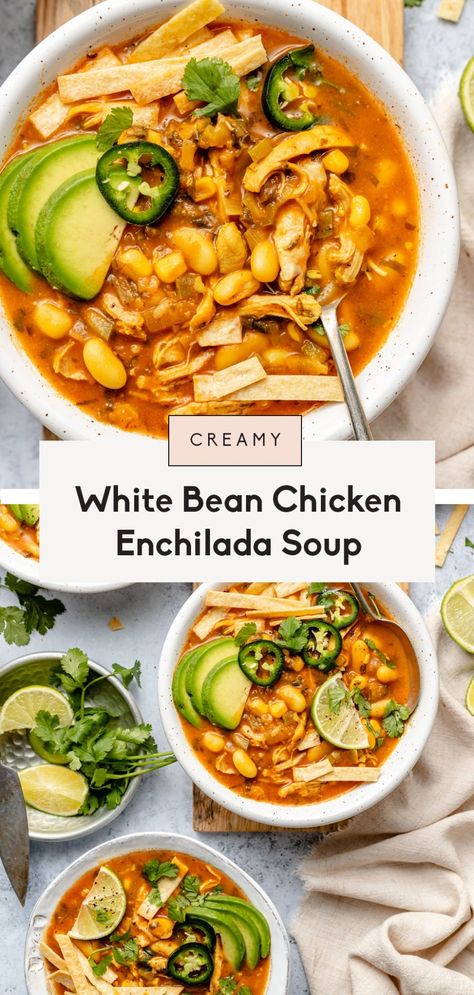 Cozy and delicious chicken enchilada soup made extra creamy thanks to blended white beans! There's no cream or dairy in this flavorful enchilada soup recipe, just wonderful veggies, lots of protein and warming spices. Serve with your favorite garnishes for the perfect lunch or dinner! #soup #chickensoup #healthydinner #healthylunch #glutenfreereipe White Bean Chicken Enchilada Soup, White Bean Enchilada Soup, Creamy Enchilada Soup Crockpot, Enchilada Stew, Macro Hacks, Creamy Chicken Enchilada Soup, Enchilada Soup Recipe, Week Meals, Dinner Soup